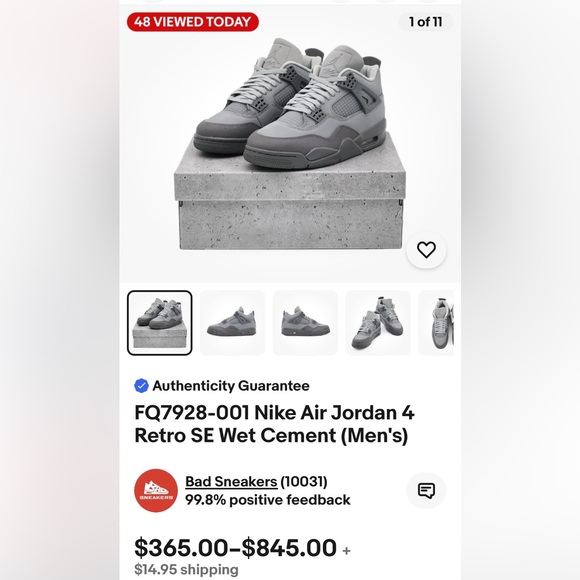 Nike Jordan 4 Grey Retro SE Wet Cement Sneakers FQ7928-001 - Picture 13 of 16